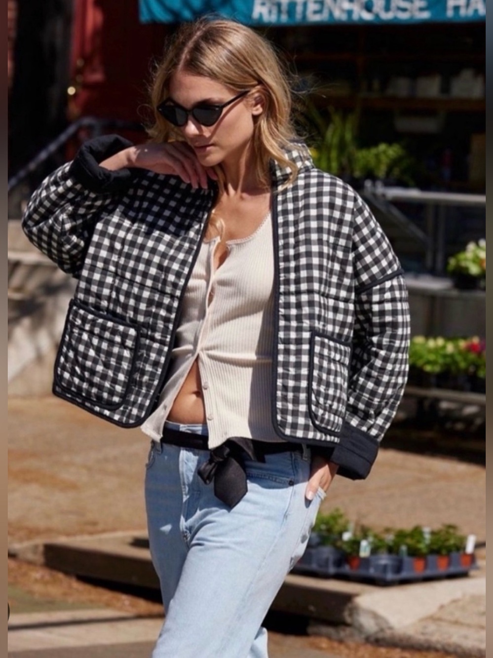 Free People Chloe Checked Quilted Jacket - Black & White